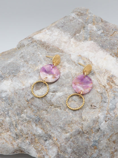 Purple earrings long with 18 karat gold plated studs