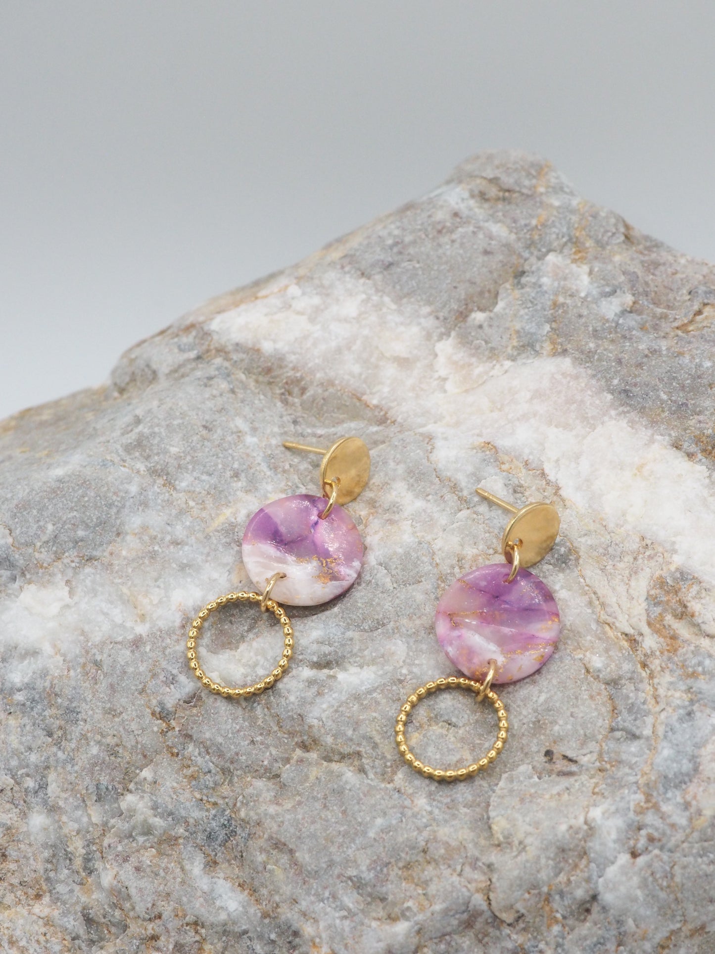 Purple earrings long with 18 karat gold plated studs