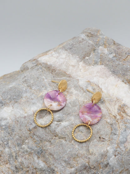 Purple earrings long with 18 karat gold plated studs