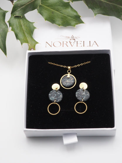 Set:  black and gold Necklace with Earrings Mystic Onyx