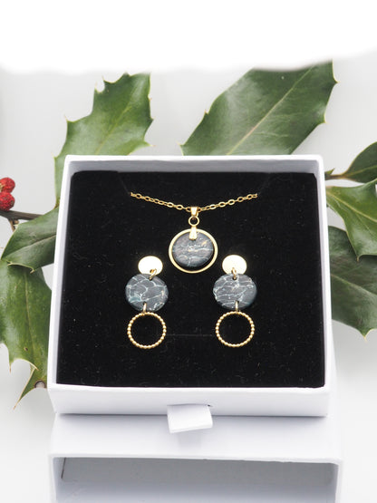 Set:  black and gold Necklace with Earrings Mystic Onyx