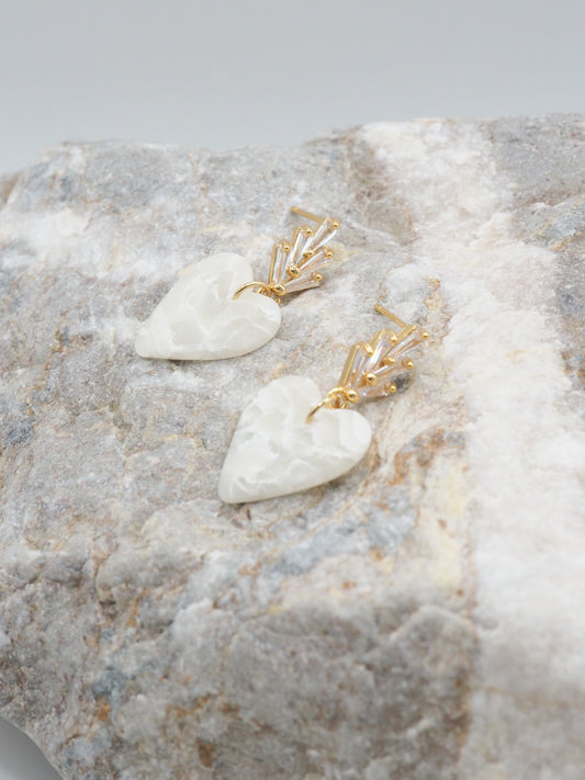 Heart earrings white marbled stud earring with cubic zirkonia stone